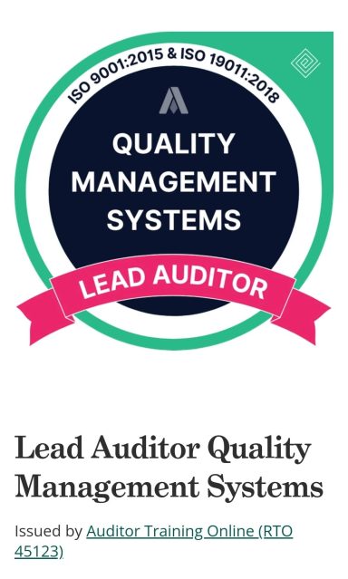 Quality Management Systems Lead Auditor badge with a green shield and pink ribbon.
